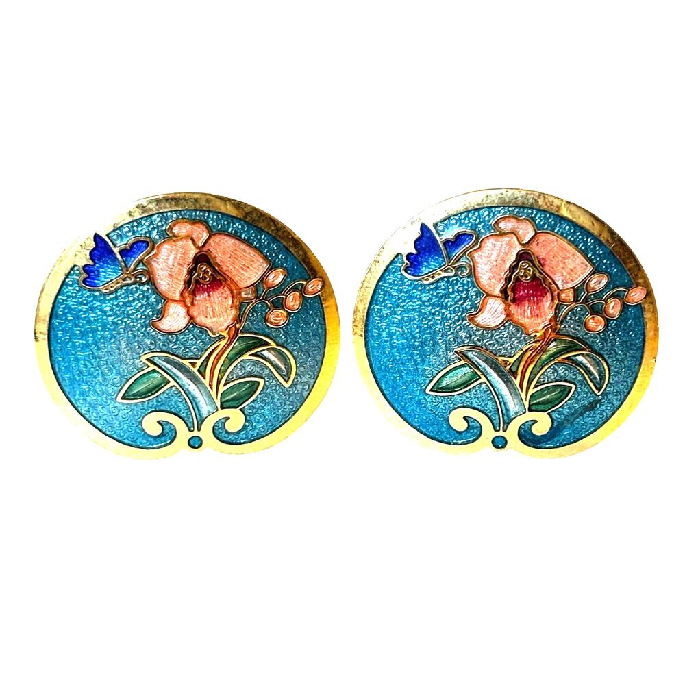 Cloisonne style clip on earrings rounds blue pink green floral butterfly enamel